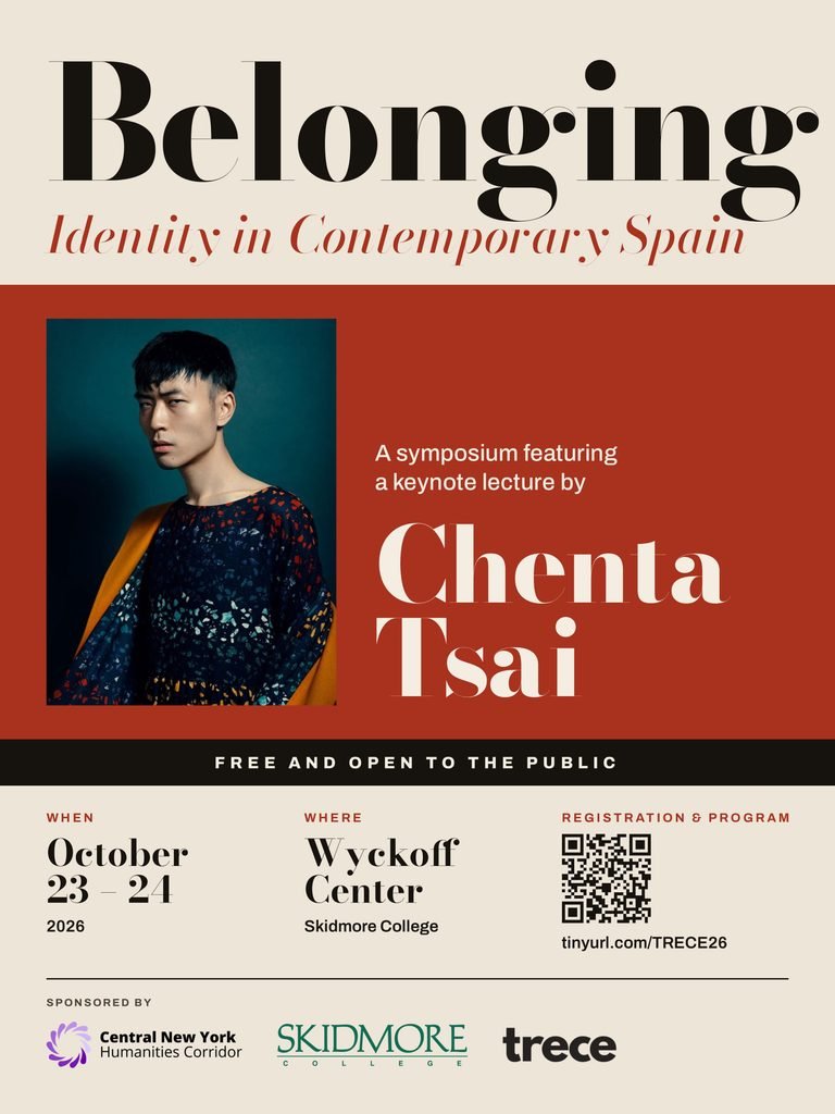 Poster for the 2026 Symposium “Belonging: Identity in Contemporary Spain,” with a keynote lecture by Chenta Tsai. October 23–24, 2026, Wyckoff Center, Skidmore College.